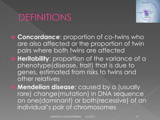 Concordance: proportion of co-twins who
  are also affected or the proportion of twin
  pairs where both twins are affected
 Heritability: proportion of the variance of a
  phenotype(disease, trait) that is due to
  genes, estimated from risks to twins and
  other relatives
 Mendelian disease: caused by a (usually
  rare) change(mutation) in DNA sequence
  on one(dominant) or both(recessive) of an
  individual’s pair of chromosomes
             GENETICS IN SCHIZOPHRENIA   6/1/2012   6
 