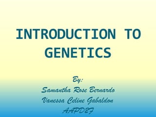 INTRODUCTION TO
   GENETICS
            By:
   Samantha Rose Bernardo
   Vanessa Celine Gabaldon
         AAPD2F
 
