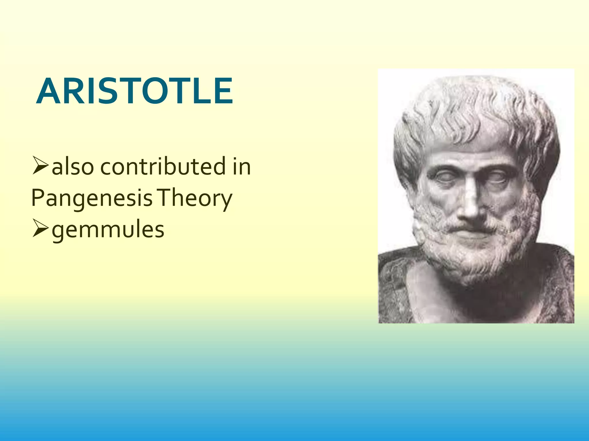 ARISTOTLE
also contributed in
Pangenesis Theory
gemmules
 