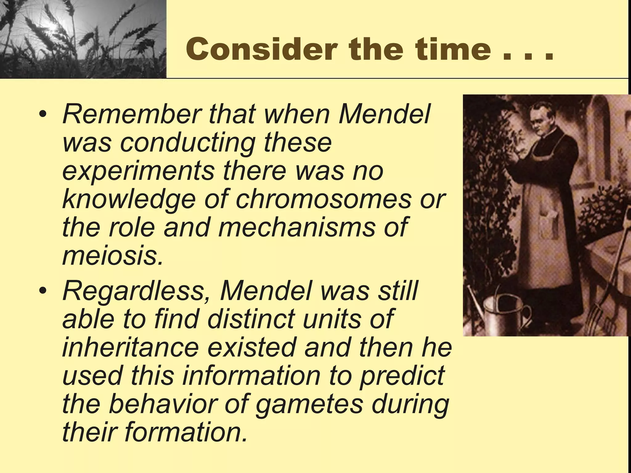 Consider the time . . . Remember that when Mendel was conducting these experiments there was no knowledge of chromosomes or the role and mechanisms of meiosis. Regardless, Mendel was still able to find distinct units of inheritance existed and then he used this information to predict the behavior of gametes during their formation. 