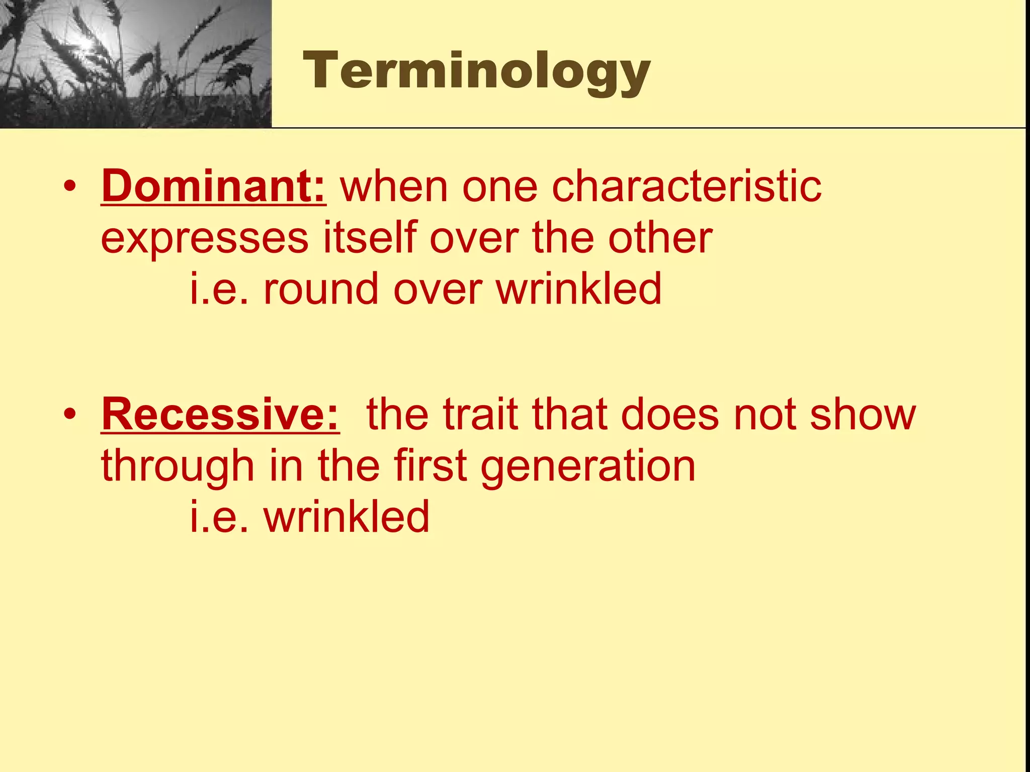 Terminology Dominant:  when one characteristic expresses itself over the other    i.e. round over wrinkled Recessive:   the trait that does not show through in the first generation    i.e. wrinkled 