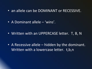 • an allele can be DOMINANT or RECESSIVE.
• A Dominant allele – ‘wins’.
• Written with an UPPERCASE letter. T, B, N
• A Recessive allele – hidden by the dominant.
Written with a lowercase letter. t,b,n
 