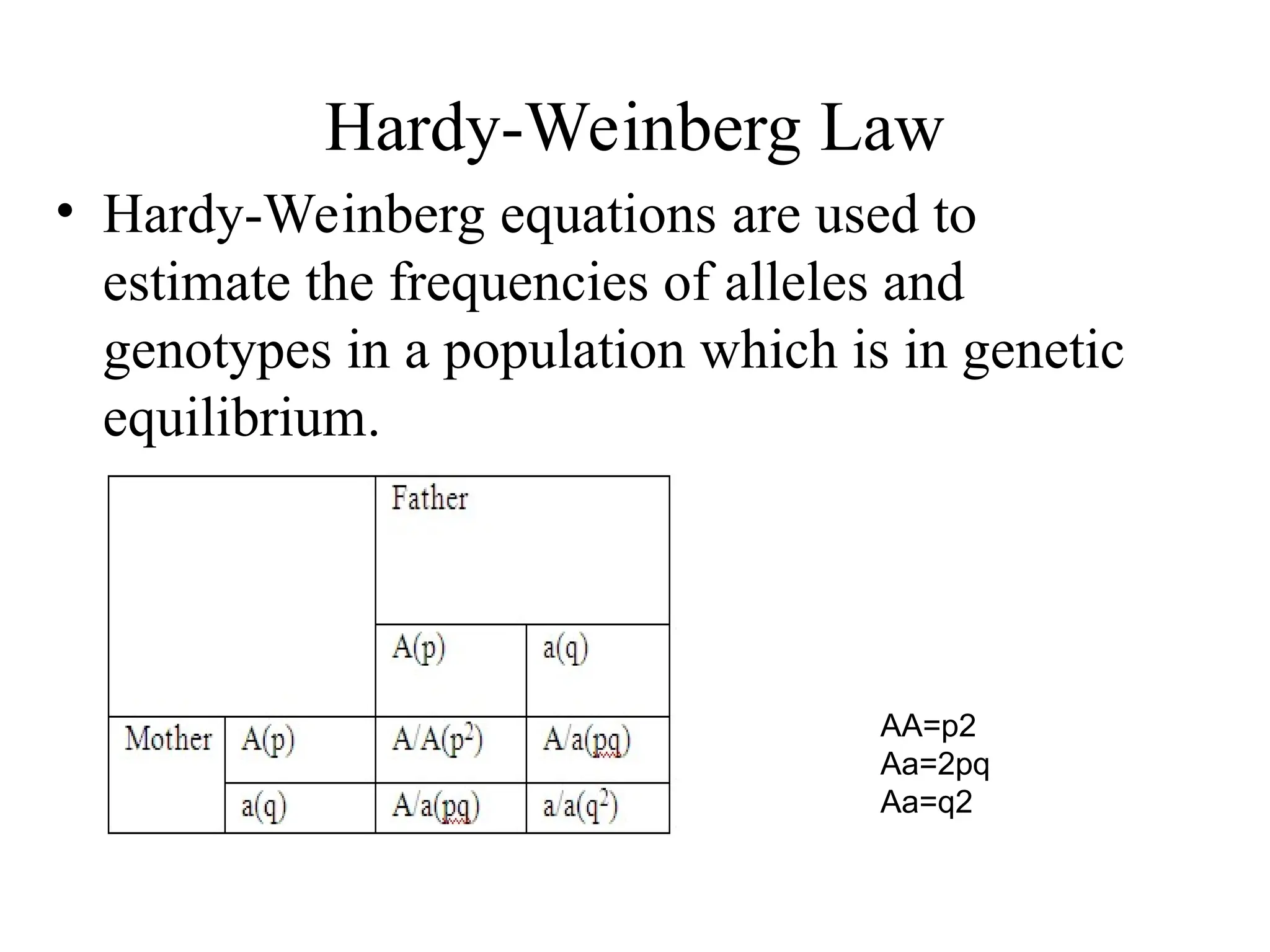 Hardy-Weinberg Law
• Hardy-Weinberg equations are used to
estimate the frequencies of alleles and
genotypes in a population which is in genetic
equilibrium.
AA=p2
Aa=2pq
Aa=q2
 