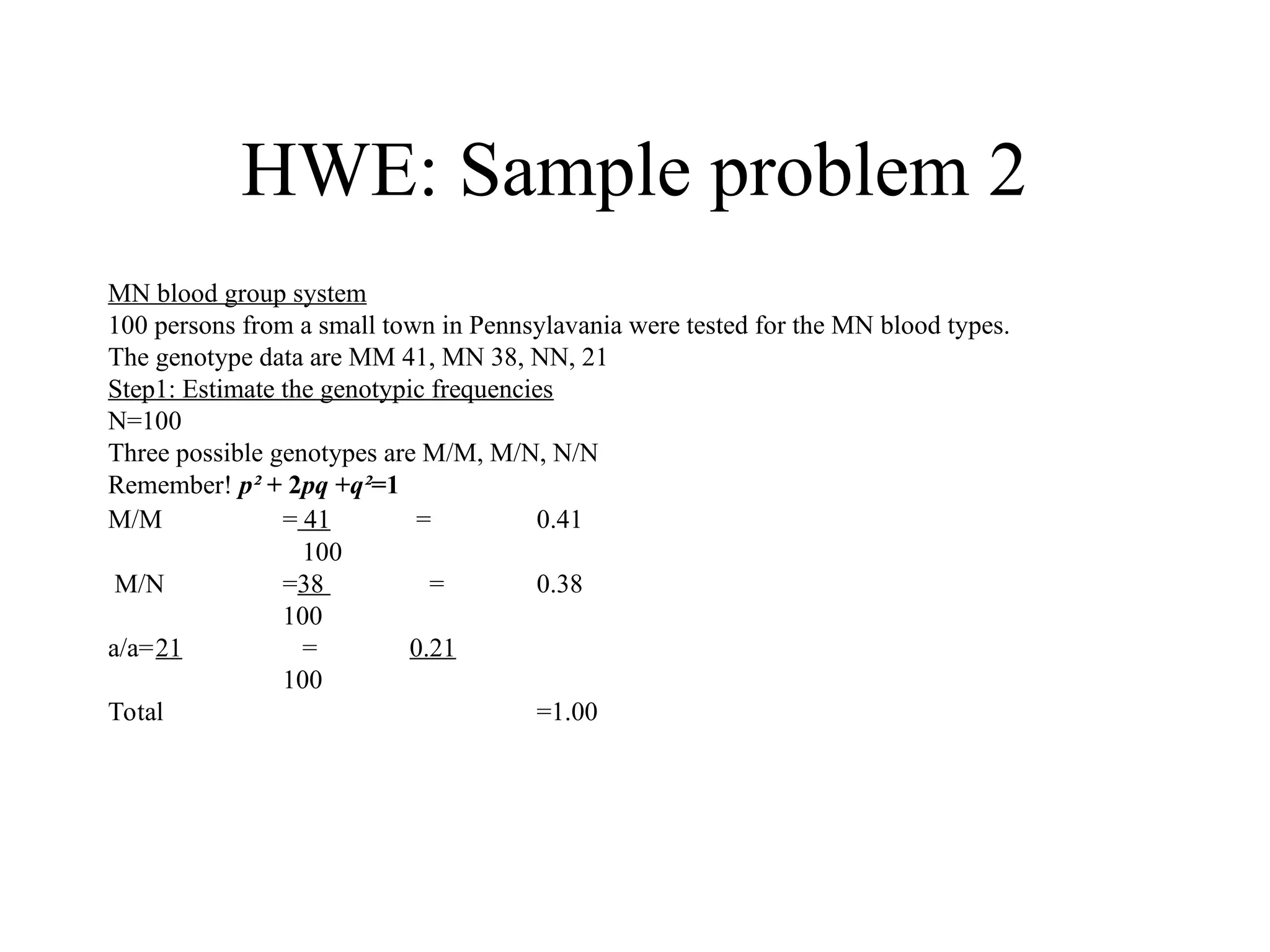 HWE: Sample problem 2
MN blood group system
100 persons from a small town in Pennsylavania were tested for the MN blood types.
The genotype data are MM 41, MN 38, NN, 21
Step1: Estimate the genotypic frequencies
N=100
Three possible genotypes are M/M, M/N, N/N
Remember! p² + 2pq +q²=1
M/M = 41 = 0.41
100
M/N =38 = 0.38
100
a/a=21 = 0.21
100
Total =1.00
 