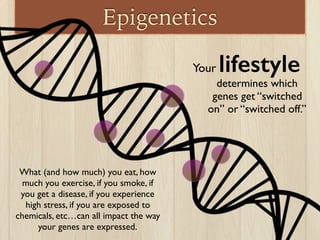 Epigenetics
Your lifestyle
determines which
genes get “switched
on” or “switched off.”
What (and how much) you eat, how
much you exercise, if you smoke, if
you get a disease, if you experience
high stress, if you are exposed to
chemicals, etc…can all impact the way
your genes are expressed.
 