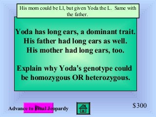 $300
Yoda has long ears, a dominant trait.
His father had long ears as well.
His mother had long ears, too.
Explain why Yoda’s genotype could
be homozygous OR heterozygous.
His mom could be Ll, but given Yoda the L. Same with
the father.
Advance to Final Jeopardy
 