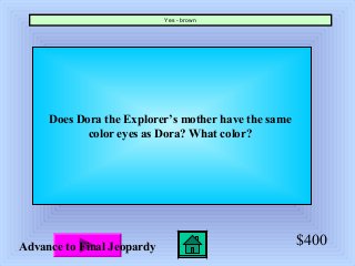 $400
Does Dora the Explorer’s mother have the same
color eyes as Dora? What color?
Advance to Final Jeopardy
Yes - brown
 