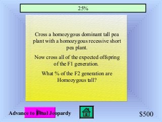 $500
25%
Advance to Final Jeopardy
Cross a homozygous dominant tall pea
plant with a homozygous recessive short
pea plant.
Now cross all of the expected offspring
of the F1 generation.
What % of the F2 generation are
Homozygous tall?
 