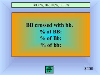 $200
BB crossed with bb.
% of BB:
% of Bb:
% of bb:
BB: 0%, Bb: 100%, bb: 0%
 