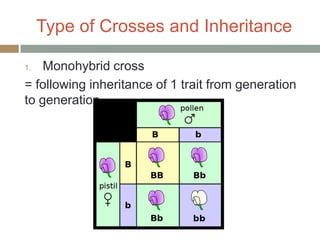 Type of Crosses and Inheritance

1.  Monohybrid cross
= following inheritance of 1 trait from generation
to generation
 
