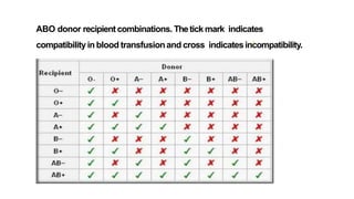 ABO donor recipient combinations. Thetick mark indicates
compatibility in blood transfusionand cross indicatesincompatibility.
 