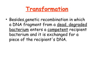 Transformation
• Besides,genetic recombination in which
a DNA fragment from a dead, degraded
bacterium enters a competent recipient
bacterium and it is exchanged for a
piece of the recipient's DNA.
 