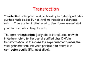 Transfection
Transfection is the process of deliberately introducing naked or 
purified nucleic acids by non-viral methods into eukaryotic 
cells. ... Transduction is often used to describe virus-mediated 
gene transfer into eukaryotic cells.
The term transfection (a hybrid of transformation with
infection) refers to the use of purified viral DNA in
transformation. In this case the experimenter purifies the
viral genome from the virus particle and offers it to
competent cells (Fig. next slide).
 