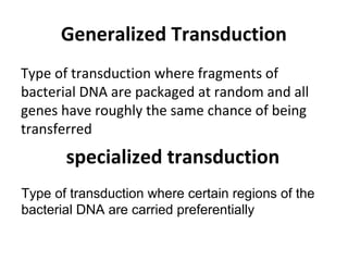 Generalized Transduction
Type of transduction where fragments of
bacterial DNA are packaged at random and all
genes have roughly the same chance of being
transferred
specialized transduction
Type of transduction where certain regions of the
bacterial DNA are carried preferentially
 