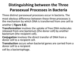 Distinguishing between the Three
Parasexual Processes in Bacteria
Three distinct parasexual processes occur in bacteria. The
most obvious difference between these three processes is
the mechanism by which DNA is transferred from one cell to
another ( Figure 8.8).
Transformation involves the uptake of free DNA molecules
released from one bacterium (the donor cell) by another
bacterium (the recipient cell).
Conjugation involves the direct transfer of DNA from a
donor cell to a recipient cell.
Transduction occurs when bacterial genes are carried from a
donor cell to a recipient
cell by a bacteriophage.
 