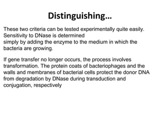 Distinguishing…
These two criteria can be tested experimentally quite easily.
Sensitivity to DNase is determined
simply by adding the enzyme to the medium in which the
bacteria are growing.
If gene transfer no longer occurs, the process involves
transformation. The protein coats of bacteriophages and the
walls and membranes of bacterial cells protect the donor DNA
from degradation by DNase during transduction and
conjugation, respectively
 