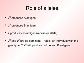 Role of alleles I A  produces A antigen I B  produces B antigen i  produces no antigen (recessive allele) I A  and  I B  are co-dominant. That is, an individual with the genotype  I A  I B  will produce both A and B antigens 