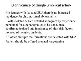 Significance of Single umbilical artery
• In fetuses with isolated SUA there is no increased
incidence for chromosomal abnormality.
• With isolated SUA a detailed sonogram by experience
personnel for other anomalies to be done, once
confirmed isolated and in absence of high risk factors
no need of invasive analysis.
• If other multiple malformations are detected with SUA
Patient should be offered prenatal karyotyping
 