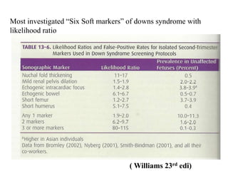 Most investigated “Six Soft markers” of downs syndrome with
likelihood ratio
( Williams 23rd edi)
 