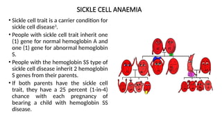 SICKLE CELL ANAEMIA
• Sickle cell trait is a carrier condition for
sickle cell disease3
.
• People with sickle cell trait inherit one
(1) gene for normal hemoglobin A and
one (1) gene for abnormal hemoglobin
S.
• People with the hemoglobin SS type of
sickle cell disease inherit 2 hemoglobin
S genes from their parents.
• If both parents have the sickle cell
trait, they have a 25 percent (1-in-4)
chance with each pregnancy of
bearing a child with hemoglobin SS
disease.
 