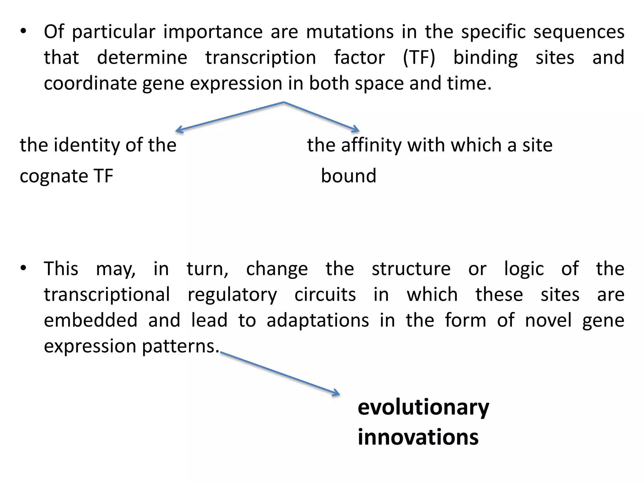 • Of particular importance are mutations in the specific sequences
that determine transcription factor (TF) binding sites and
coordinate gene expression in both space and time.
the identity of the the affinity with which a site
cognate TF bound
• This may, in turn, change the structure or logic of the
transcriptional regulatory circuits in which these sites are
embedded and lead to adaptations in the form of novel gene
expression patterns.
evolutionary
innovations
 