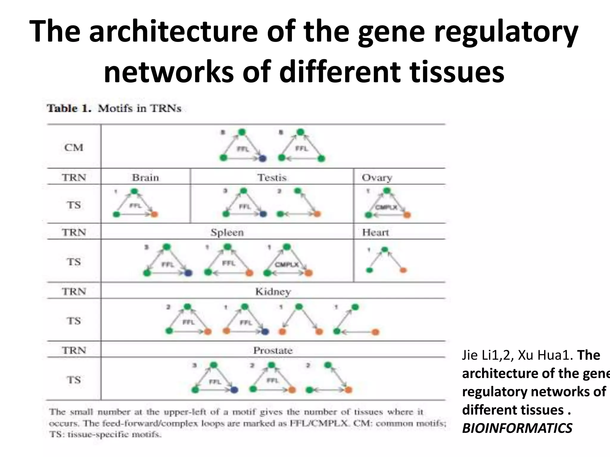 The architecture of the gene regulatory
networks of different tissues
Jie Li1,2, Xu Hua1. The
architecture of the gene
regulatory networks of
different tissues .
BIOINFORMATICS
 