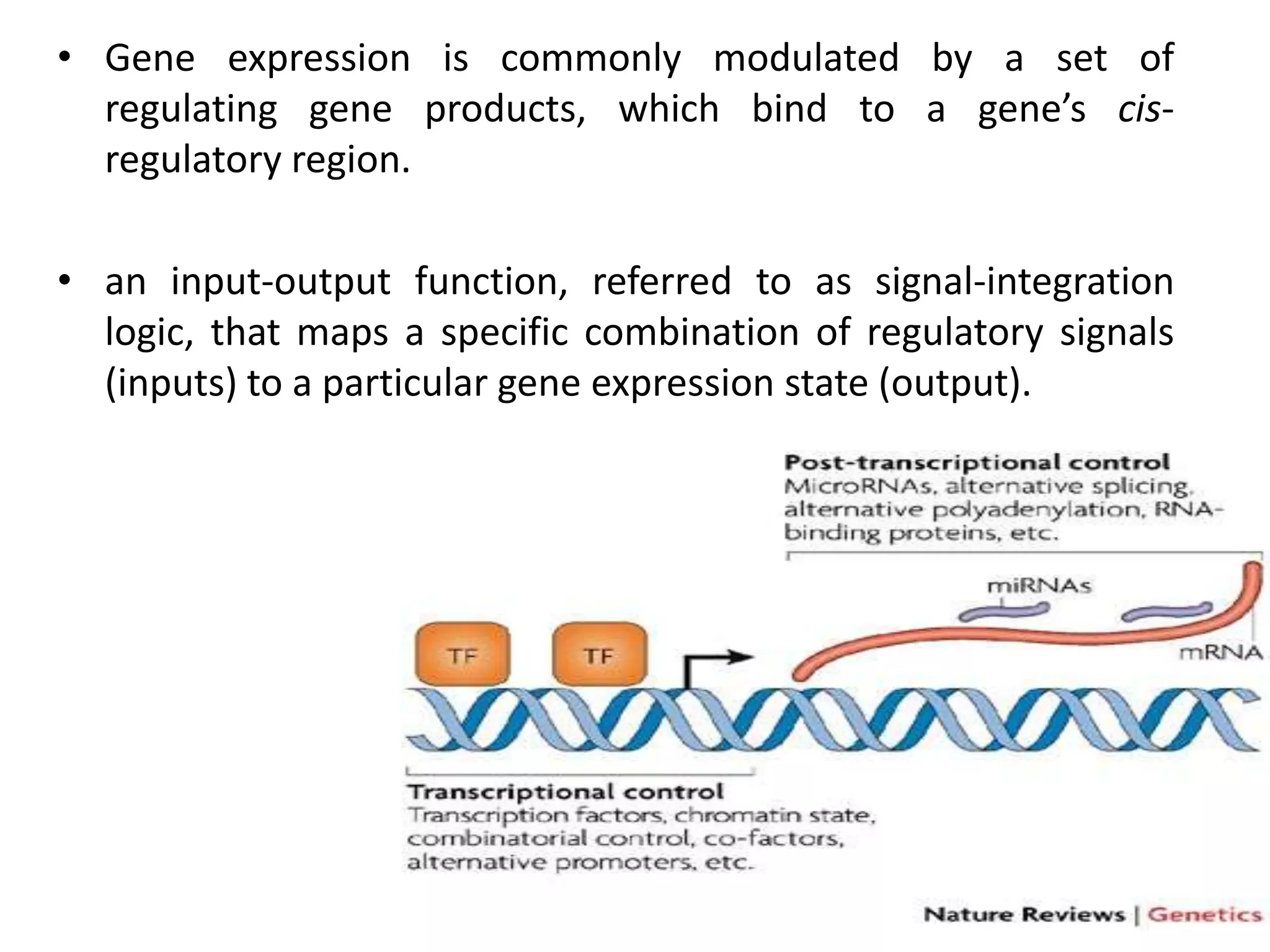 • Gene expression is commonly modulated by a set of
regulating gene products, which bind to a gene’s cis-
regulatory region.
• an input-output function, referred to as signal-integration
logic, that maps a specific combination of regulatory signals
(inputs) to a particular gene expression state (output).
 