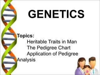 GENETICS
Topics:
Heritable Traits in Man
The Pedigree Chart
Application of Pedigree
Analysis
 