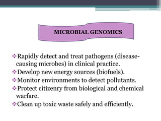 Rapidly detect and treat pathogens (disease-
causing microbes) in clinical practice.
Develop new energy sources (biofuels).
Monitor environments to detect pollutants.
Protect citizenry from biological and chemical
warfare.
Clean up toxic waste safely and efficiently.
MICROBIAL GENOMICS
 