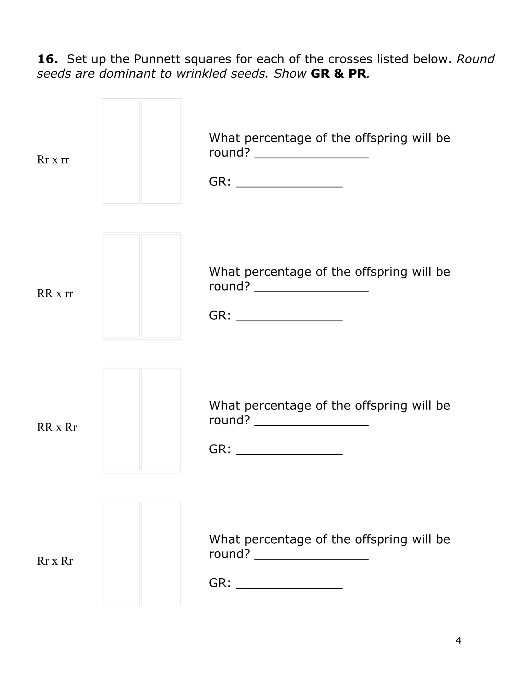 16. Set up the Punnett squares for each of the crosses listed below. Round
seeds are dominant to wrinkled seeds. Show GR & PR.




                           What percentage of the offspring will be
                           round? _______________
Rr x rr
                           GR: ______________




                           What percentage of the offspring will be
                           round? _______________
RR x rr
                           GR: ______________




                           What percentage of the offspring will be
                           round? _______________
RR x Rr
                           GR: ______________




                           What percentage of the offspring will be
                           round? _______________
Rr x Rr
                           GR: ______________



                                                                      4
 