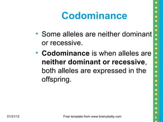 Codominance Some alleles are neither dominant or recessive. Codominance  is when alleles are  neither dominant or recessive , both alleles are expressed in the offspring. 01/21/12 Free template from www.brainybetty.com 