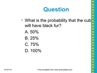Question What is the probability that the cub will have black fur? A. 50% B. 25% C. 75% D. 100% 01/21/12 Free template from www.brainybetty.com 