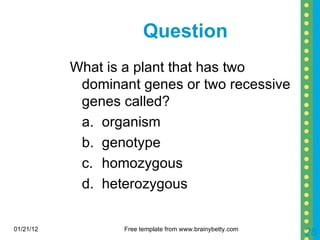 Question What is a plant that has two dominant genes or two recessive genes called? a. organism b. genotype c. homozygous d. heterozygous 01/21/12 Free template from www.brainybetty.com 