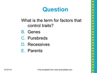 Question  What is the term for factors that control traits? Genes Purebreds Recessives Parents 01/21/12 Free template from www.brainybetty.com 