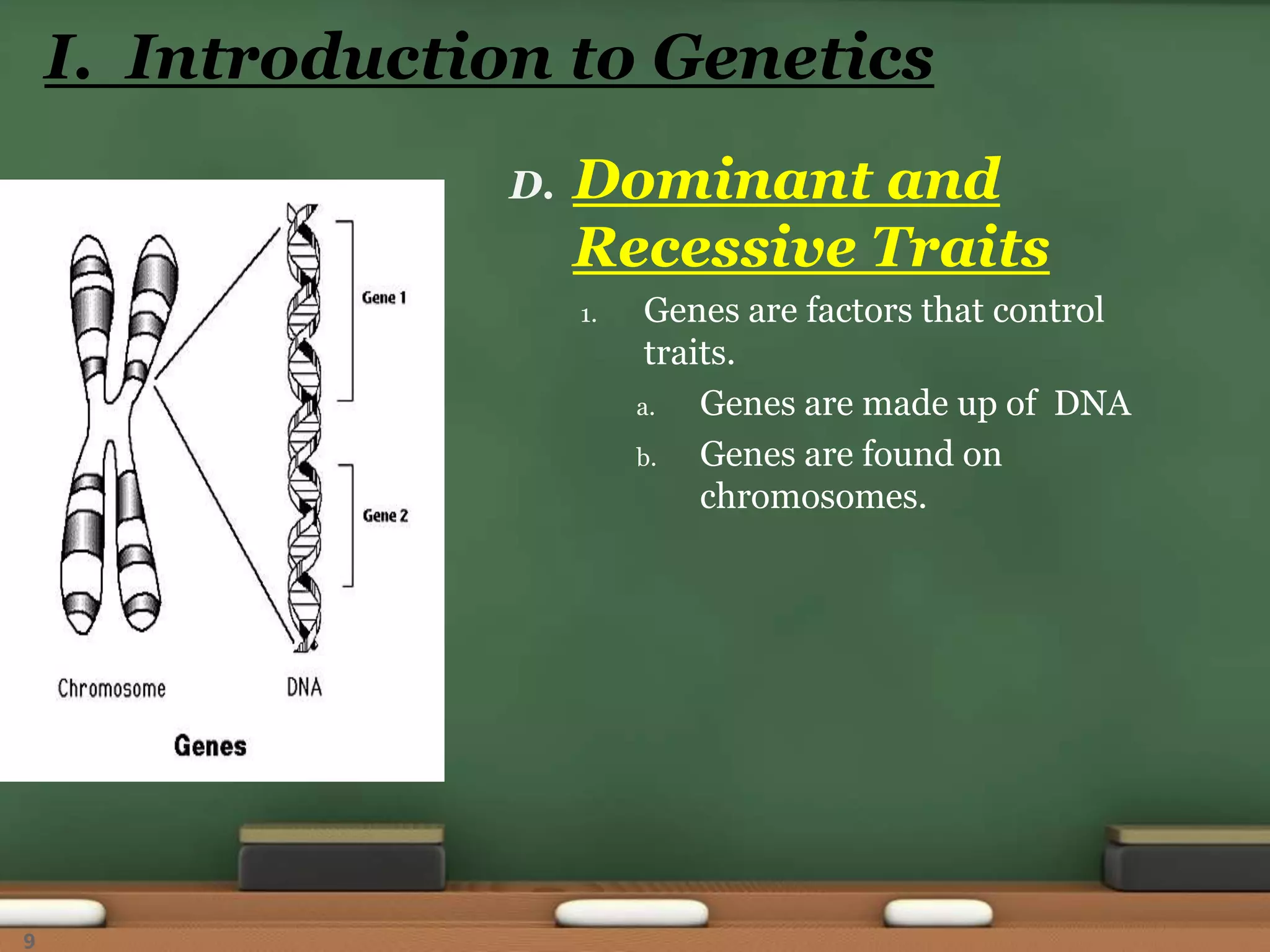 D. Dominant and
Recessive Traits
1. Genes are factors that control
traits.
a. Genes are made up of DNA
b. Genes are found on
chromosomes.
I. Introduction to Genetics
9
 