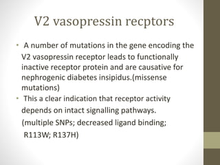 V2 vasopressin recptors
• A number of mutations in the gene encoding the
V2 vasopressin receptor leads to functionally
inactive receptor protein and are causative for
nephrogenic diabetes insipidus.(missense
mutations)
• This a clear indication that receptor activity
depends on intact signalling pathways.
(multiple SNPs; decreased ligand binding;
R113W; R137H)
 