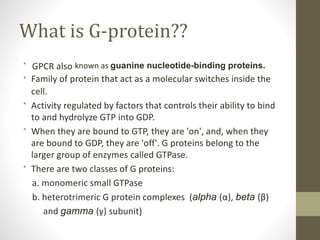 What is G-protein??
• GPCR also known as guanine nucleotide-binding proteins.
• Family of protein that act as a molecular switches inside the
cell.
• Activity regulated by factors that controls their ability to bind
to and hydrolyze GTP into GDP.
• When they are bound to GTP, they are 'on', and, when they
are bound to GDP, they are 'off'. G proteins belong to the
larger group of enzymes called GTPase.
• There are two classes of G proteins:
a. monomeric small GTPase
b. heterotrimeric G protein complexes (alpha (α), beta (β)
and gamma (γ) subunit)
 