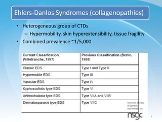 Ehlers-Danlos Syndromes (collagenopathies)
• Heterogeneous group of CTDs
– Hypermobility, skin hyperextensibility, tissue ...