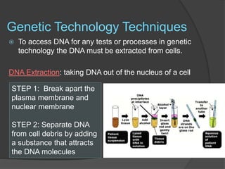 Genetic Technology Techniques
 To access DNA for any tests or processes in genetic
technology the DNA must be extracted from cells.
DNA Extraction: taking DNA out of the nucleus of a cell
STEP 1: Break apart the
plasma membrane and
nuclear membrane
STEP 2: Separate DNA
from cell debris by adding
a substance that attracts
the DNA molecules
 