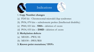 1. Copy Number changes
(a) P245 kit - Chromosomal microdel/dup syndromes
(b) P036, 070 kits – subtelomeric probes (Intellectual disability)
(c) P060, 021 kits - SMA – deletion of exons
(d) P034, 035 kits – DMD - deletion of exons
2. Methylation defects
(a) ME028 – PWS/AS
(b) ME030 – BWS/RSS
3. Known point mutations/ SNVs
Indications
 
