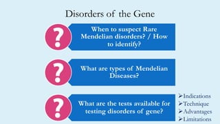 Disorders of the Gene
When to suspect Rare
Mendelian disorders? / How
to identify?
What are types of Mendelian
Diseases?
What are the tests available for
testing disorders of gene?
Indications
Technique
Advantages
Limitations
 