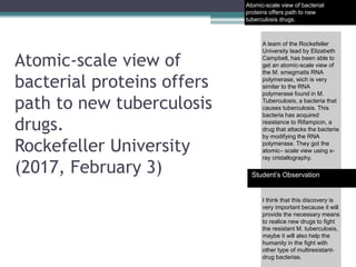 Atomic-scale view of
bacterial proteins offers
path to new tuberculosis
drugs.
Rockefeller University
(2017, February 3)
Atomic-scale view of bacterial
proteins offers path to new
tuberculosis drugs.
A team of the Rockefeller
University lead by Elizabeth
Campbell, has been able to
get an atomic-scale view of
the M. smegmatis RNA
polymerase, wich is very
similar to the RNA
polymerase found in M.
Tuberculosis, a bacteria that
causes tuberculosis. This
bacteria has acquired
resistance to Rifampicin, a
drug that attacks the bacteria
by modifying the RNA
polymerase. They got the
atomic– scale view using x-
ray cristallography.
I think that this discovery is
very important because it will
provide the necessary means
to realice new drugs to fight
the resistant M. tuberculosis,
maybe it will also help the
humanity in the fight with
other type of multiresistant-
drug bacterias.
Student’s Observation
 
