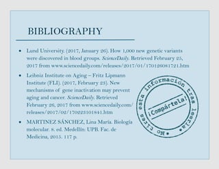  Lund University. (2017, January 26). How 1,000 new genetic variants
were discovered in blood groups. ScienceDaily. Retrieved February 25,
2017 from www.sciencedaily.com/releases/2017/01/170126081721.htm
 Leibniz Institute on Aging – Fritz Lipmann
Institute (FLI). (2017, February 23). New
mechanisms of gene inactivation may prevent
aging and cancer. ScienceDaily. Retrieved
February 26, 2017 from www.sciencedaily.com/
releases/2017/02/170223101841.htm
 MARTINEZ SÁNCHEZ, Lina María. Biología
molecular. 8. ed. Medellín: UPB. Fac. de
Medicina, 2015. 117 p.
BIBLIOGRAPHY
 