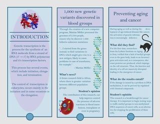 INTRODUCTION
Genetic transcription is the
process for the synthesis of an
RNA molecule from a strand of
DNA (3' → 5') by RNA polymerase
and it’s transcription factors.
This process has several events,
which include initiation, elonga-
tion, and termination.
The control of transcription in
eukaryotes, occurs mainly in the
initiation and in some occasions in
the elongation.
1,000 new genetic
variants discovered in
blood groups
Through the creation of a new computer
program, Mattias Möller processed the
genomes of 2.504 people,
reason why he discover 1.000
hitherto unknown mutations.
“…I started from the genes
instead, to find variations in
DNA which might give rise to a
new antigen, likely to cause
problems in case of transfusion,
for example.”
- Mattias Möller.
What's next?
A future research field is Africa,
where there is greater variation
between different population
groups.
Student’s opinion
The contribution of this research, can
help improve control
the presence of adverse
reactions in blood trans-
fusions, transplants or
even in pregnancy.
Preventing aging
and cancer
During aging as well as during the deve-
lopment of age-induced diseases like cancer,
the activation of genetic informa-
tion is increasingly defective.
What did they find?
For the first time, researchers
from the Leibniz Institute on Aging
in Jena, verified that a lack of methyl groups
even in the gene body, leads to an incorrect
gene activation and, as a consequence, abe-
rrant proteins are produced, which impinge
on the cell structure. Thus, the function and
identity of a cell are massively disrupted
leading to the emergence of cancer.
What do the results entail?
If the damage is caused by a problem in DNA
methylation, it can be prevent by regulated
with chemical compounds.
Student’s opinión
This research is a breakthrough for cancer
therapy. It is important to begin testing ways
to traffic methyl groups to non-methylated
DNA sequences of cancer cells, as an alterna-
tive for stopping the proliferation of these
cells.
 