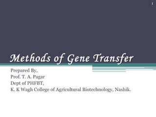 Methods of Gene Transfer
Prepared By,
Prof. T. A. Pagar
Dept of PHFBT,
K. K Wagh College of Agricultural Biotechnology, Nashik.
1
 