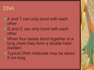 DNA
A and T can only bond with each
other
G and C can only bond with each
other
When four bases bond together in a
long chain they form a double helix
(ladder)
Typical DNA molecule may be about
5 cm long
 