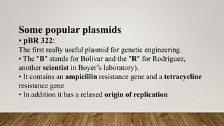 Some popular plasmids
• pBR 322:
The first really useful plasmid for genetic engineering.
• The "B" stands for Bolivar and the "R" for Rodriguez,
another scientist in Boyer’s laboratory).
• It contains an ampicillin resistance gene and a tetracycline
resistance gene
• In addition it has a relaxed origin of replication
 