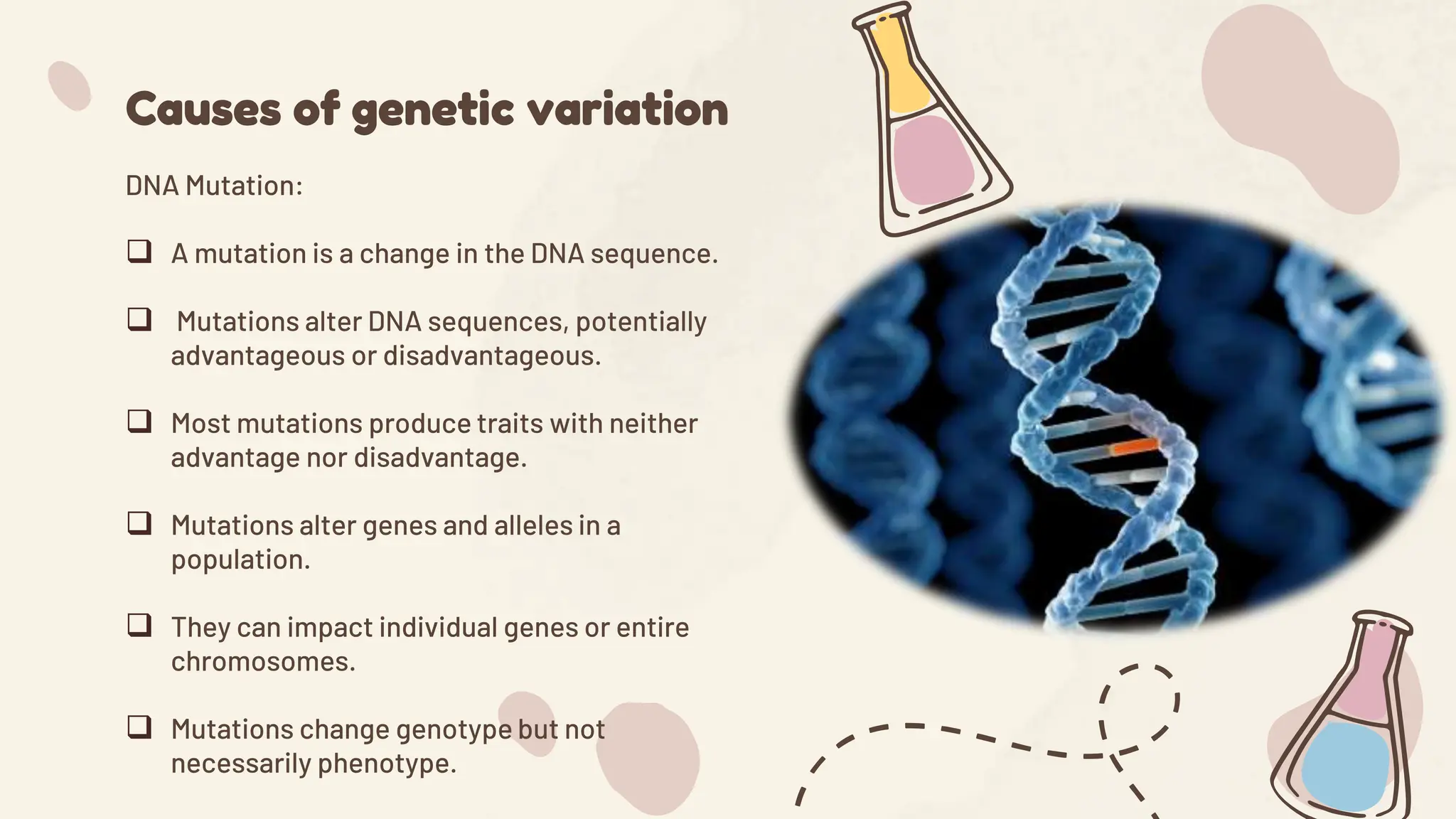 Causes of genetic variation
DNA Mutation:
 A mutation is a change in the DNA sequence.
 Mutations alter DNA sequences, potentially
advantageous or disadvantageous.
 Most mutations produce traits with neither
advantage nor disadvantage.
 Mutations alter genes and alleles in a
population.
 They can impact individual genes or entire
chromosomes.
 Mutations change genotype but not
necessarily phenotype.
 