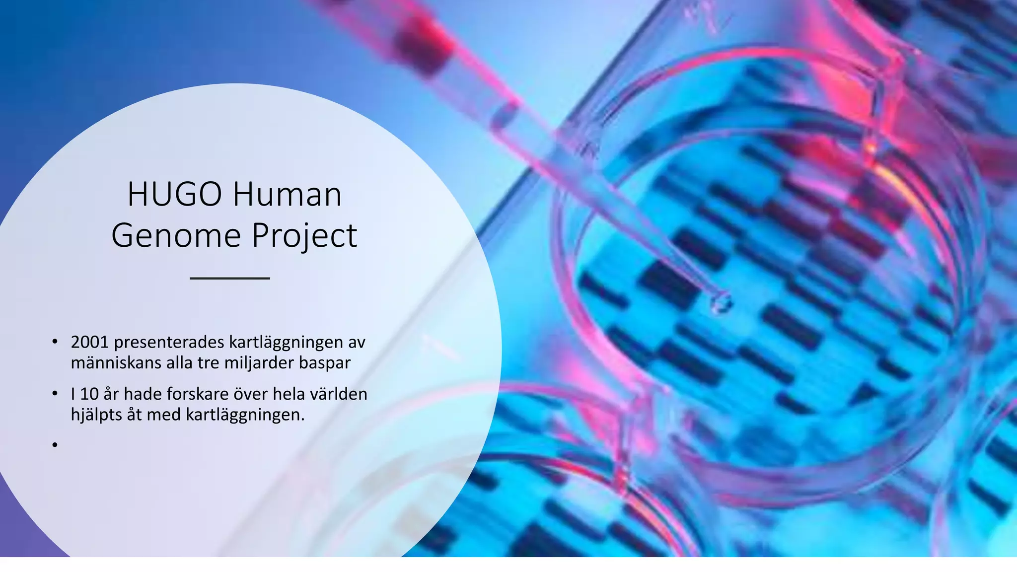 HUGO Human
Genome Project
• 2001 presenterades kartläggningen av
människans alla tre miljarder baspar
• I 10 år hade forskare över hela världen
hjälpts åt med kartläggningen.
•
 