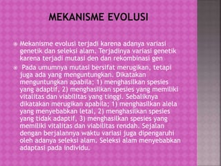  Mekanisme evolusi terjadi karena adanya variasi
genetik dan seleksi alam. Terjadinya variasi genetik
karena terjadi mutasi den dan rekombinasi gen
 Pada umumnya mutasi bersifat merugikan, tetapi
juga ada yang menguntungkan. Dikatakan
menguntungkan apabila; 1) menghasilkan spesies
yang adaptif, 2) menghasilkan spesies yang memiliki
vitalitas dan viabilitas yang tinggi. Sebaliknya
dikatakan merugikan apabila; 1) menghasilkan alela
yang menyebabkan letal, 2) menghasilkan spesies
yang tidak adaptif, 3) menghasilkan spesies yang
memiliki vitalitas dan viabilitas rendah. Sejalan
dengan berjalannya waktu variasi juga dipengaruhi
oleh adanya seleksi alam. Seleksi alam menyebabkan
adaptasi pada individu.
 